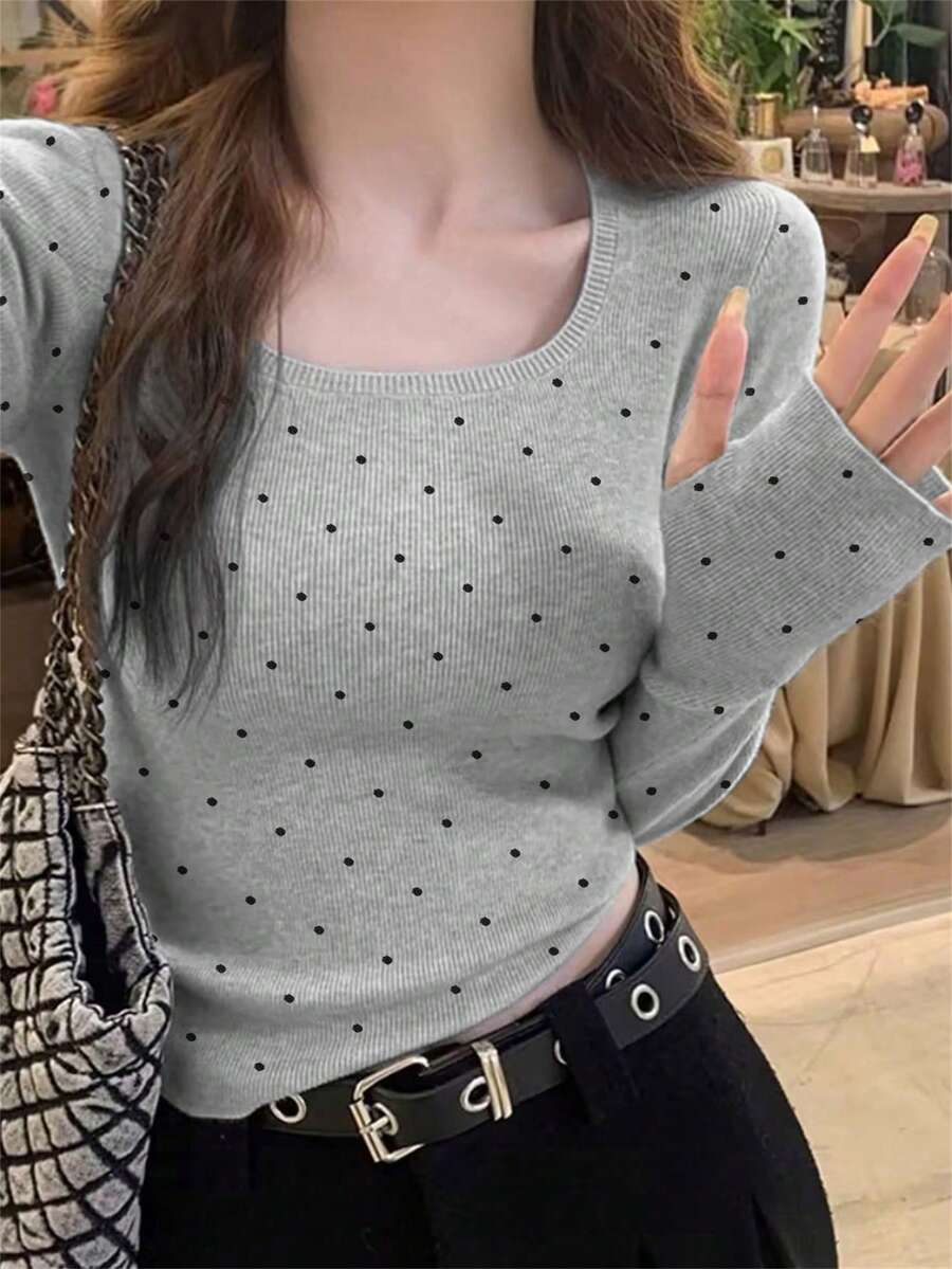 女款甜美可愛大圓領杏色波點針織衫,秋冬款 - 灰色 - 查看 1