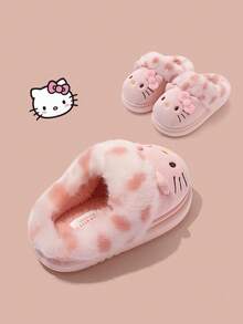 Hello Kitty 卡通貓咪設計女款毛絨豹紋一腳蹬舒適平底室內拖鞋 - 粉色 - 查看 9