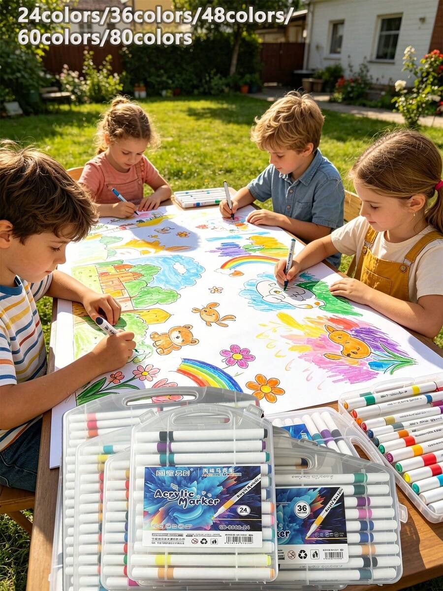 24/36/48/60/80 Colors Acrylic Markers, 13.2cm Long Quick Drying Versatile Use, Suitable For Elementary Students Art Students Children Drawing Sketching DIY Graffiti Coloring Birthday Gift - Multicolor - View 1