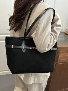 Retro Suede Large Capacity Belt Tote Bag For Women, Leopard Print Chic Personalized Casual Versatile Niche Shoulder Big Bag - Black - View 3