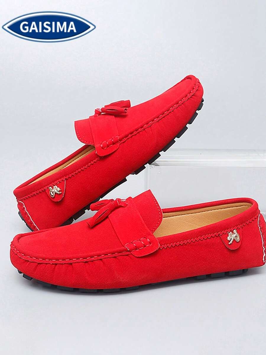 GAISIMA Men's Red Faux Suede Business Loafers, Bow + Metal Buckle Classic Slip-On Driving Shoes, Suitable For Daily Wear And Parties, - Red - View 1