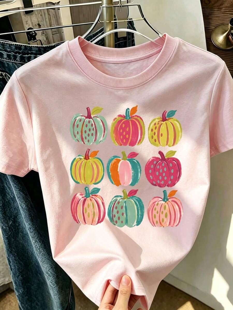 Girls Pink Pastel Colorful Grid Pumpkins Printed Short Sleeve Crew Neck Tee - Pink - View 1