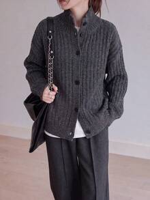 Women's Knitted Turtleneck Cardigan, Short Length Long Sleeve, Button Detail, Warm Winter Fashion Coat - Dark Grey - View 5