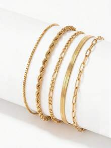 5pcs Punk Metal Chunky Chain Multi-Layer Bracelet Set, Suitable For Women's Daily, Beach, Vacation And Party Wear - Yellow Gold - View 2