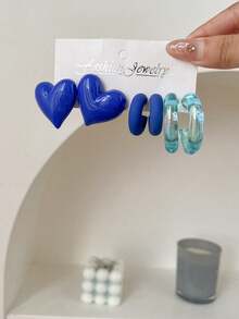 1 Set Of 3 Pairs New Fashion Commuter Elegant Heart-Shaped Stud Earrings, Blue Transparent AB Colorful Hoop Earrings Set - Multicolor - View 16