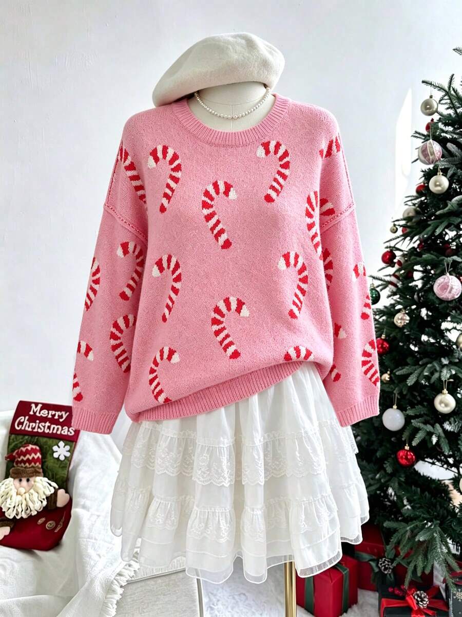 Plus Size Women's Christmas Candy Cane Jacquard Knit Sweater, Round Neck Drop Shoulder Loose Fit Casual Holiday Pullover For Autumn/Winter - Pink - View 1