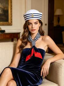 5pcs/2pcs/1pc Unisex Classic White Sailor Hat With Blue Stripes, Sailor Hat Set, Navy Style Hat, Ocean Theme Party Sailor Hat + Scarf Set, Vintage Navy Style Stage Performance Prop - Multicolor - View 4