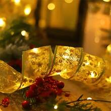 Gold And Silver Christmas Tinsel, Warm Lights String, Battery-Powered Light String, Wedding And Party Decoration Light String, Birthday Decoration Light String, Christmas Tree Decoration, Halloween Decoration, New Year Festival Indoor Light String - Gold Ribbon - View 3