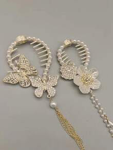 1pc Gold Rhinestone Butterfly Hair Clip With Tassel, Shiny Hair Bun Claw Clip For Girls, Simple Princess Style Hair Accessory For Daily Wear - Gold - View 6