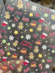 2pcs Red Green Polka-Dot Christmas Nail Art Stickers Cute Gingerbread Man, Christmas Stocking, String Lights, Snowflake Christmas Nail Decals Relief-Style Manicure Decorations - Multicolor - View 3