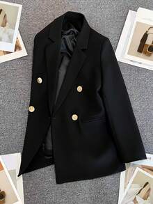 Spring/Summer Women's Solid Color Long Sleeve Double-Breasted Blazer, Notch Lapel | Suitable For Dates, Parties, Outings And Holiday Celebrations - Matte Black - View 10