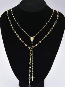2pcs/Set Bohemian Style Colorful Crystal & Vintage Metal Cross Pendant Y-Necklace Set, Suitable For Women's Daily And Holiday Wear, Gift For Friends - Multicolor - View 2