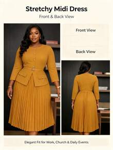 NOU Women's Mid-Length Dress With Round Neck, Front Vertical Button Closure, Ruffle Trim, Button Decor, Faux Pocket Flaps, Pleated Oversized A-Line Silhouette, Comfortable - Ginger - View 10