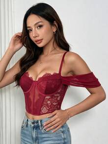 EZNV Lace Corset Top, Spaghetti Strap Mesh Cropped Bustier With Boning, Party Top - Burgundy - View 6