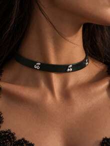 1pc Gothic Stainless Steel Cherry Blossom Flower Leather Choker Necklace For Women, Halloween Jewelry Accessory - Black - View 6