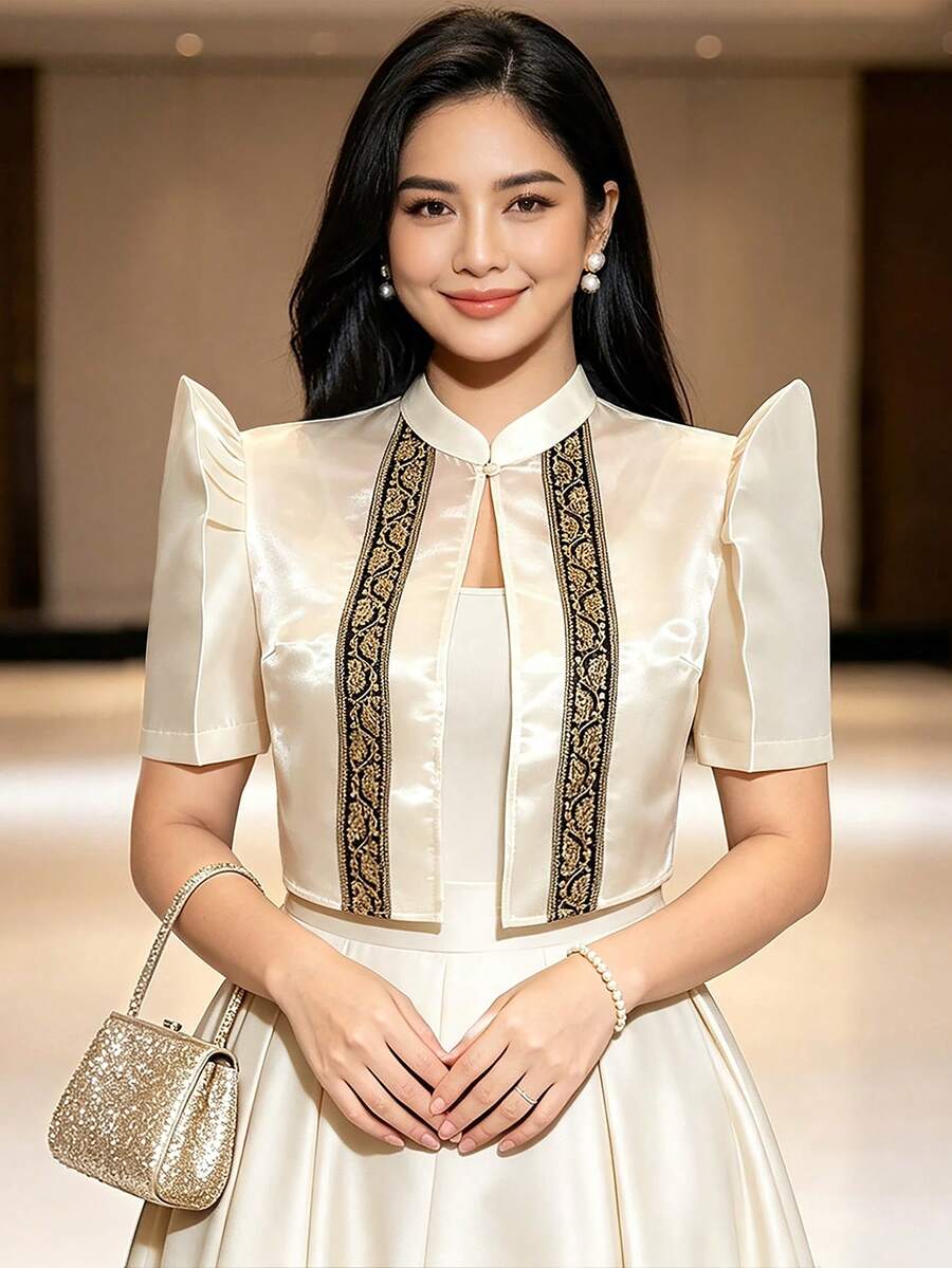 現代菲律賓風上衣 蝴蝶袖 Filipiniana 女款優雅印花泡泡短袖上衣 - 香檳色 - 查看 1