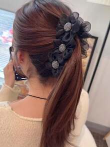 1pc Vintage Black Mesh Flower Banana Clip Elegant Ponytail Hair Clip Fashion Versatile Hair Accessory For Women - Multicolor - View 7