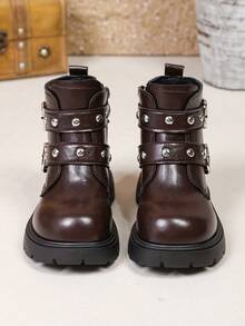1 Pair Kids Leather Buckle Short Boots Soft PU Dual Hook & Loop + Inner Zipper Design Maillard Style Motorcycle Boots Suitable For Daily School Outdoor Autumn Winter New Arrival - Coffee Brown - View 2