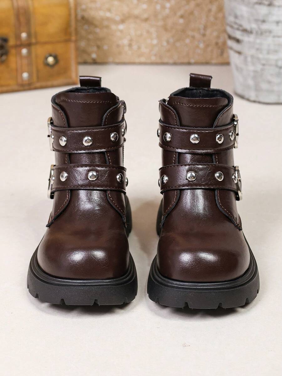 1 Pair Kids Leather Buckle Short Boots Soft PU Dual Hook & Loop + Inner Zipper Design Maillard Style Motorcycle Boots Suitable For Daily School Outdoor Autumn Winter New Arrival