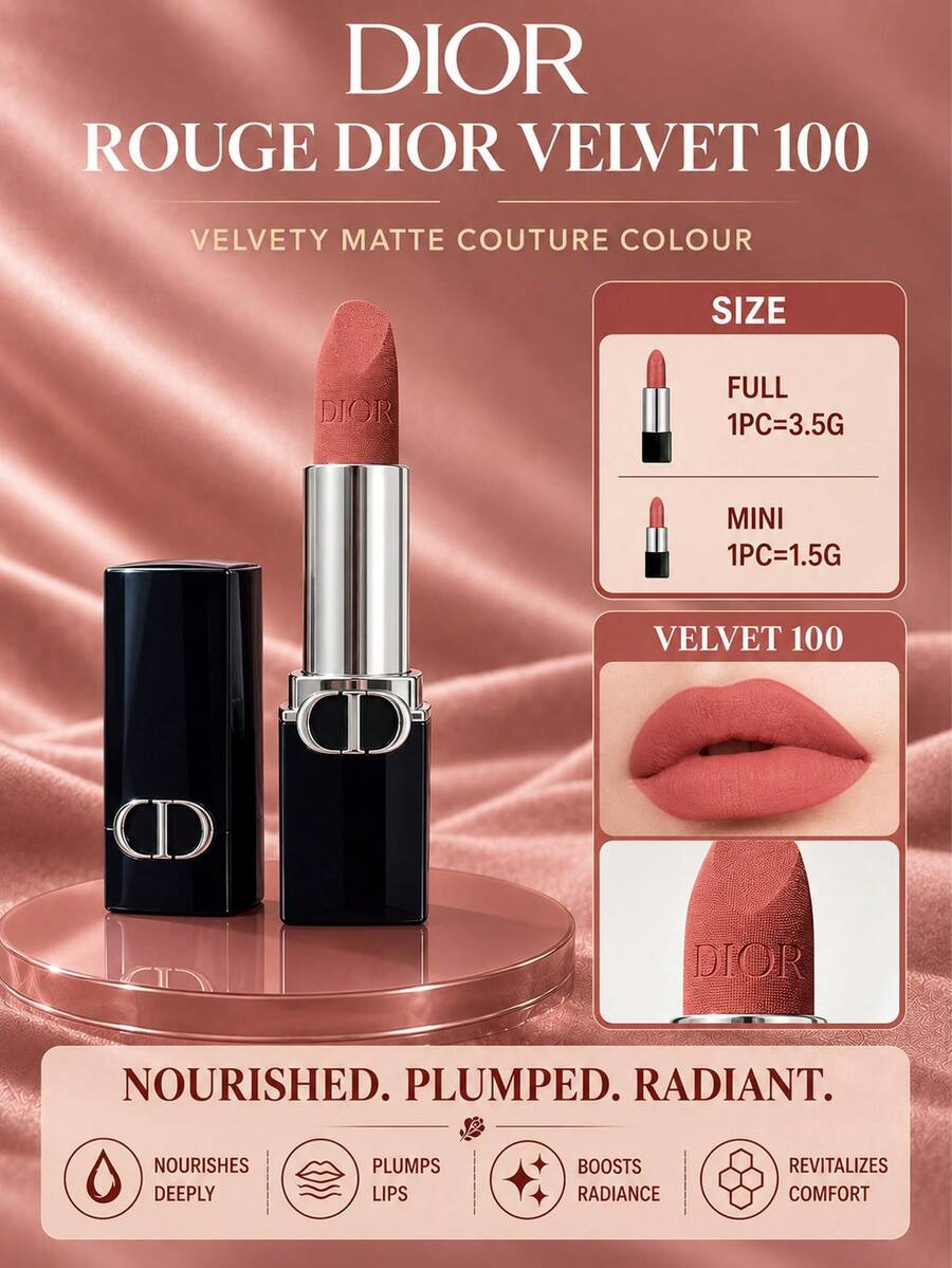 Dior 絲絨 100 唇膏，正裝 3.5g / 迷你 1.5g，單件，絲絨霧面，滋潤唇部，適合日常妝容、外出上妝