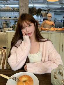 Women's Loose V-Neck Cable Knit Cardigan Sweater Jacket, Solid Color, Autumn/Winter - Pink - View 3