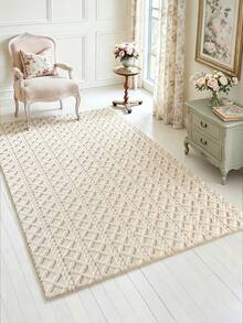 1pc Cream Style 3D Rhombus Jacquard Carpet, Thick Soft Skin-Friendly High-Density Plush Bedside Rug, Ins Natural Wood Wabi-Sabi Style Premium Minimalist Textured Floor Mat, Bedroom Living Room Bay Window All-Season Versatile Atmospheric Home Decor Rug - Multicolor - View 3