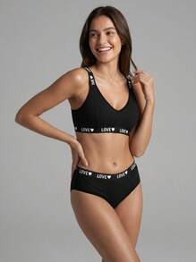 Secret Verse Casual Minimalist Letter Logo Comfortable Bra And Panty Sets - Black - View 2