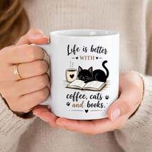 Life Is Better With Coffee, Cats And Books Coffee Mug, Black Cat Reading Books Pattern Ceramic Cup, Creative Birthday Holiday Gift For Cat Lovers, Book Enthusiasts, Bookworms - Multicolor - View 2