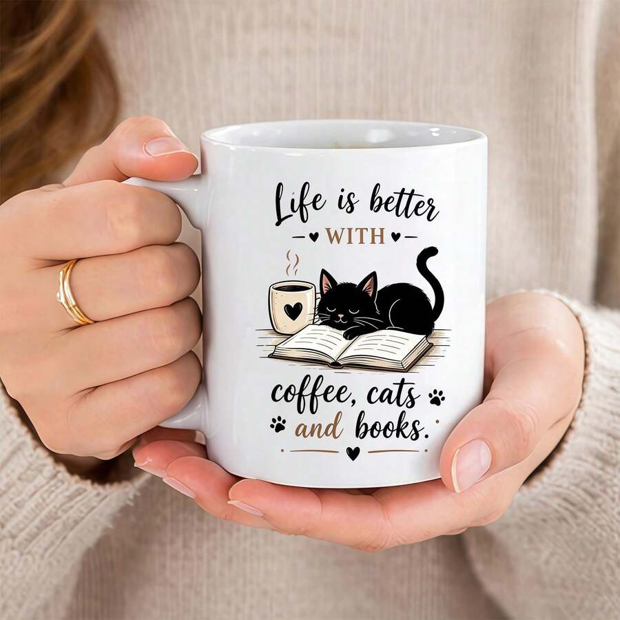 Life Is Better With Coffee, Cats And Books Coffee Mug, Black Cat Reading Books Pattern Ceramic Cup, Creative Birthday Holiday Gift For Cat Lovers, Book Enthusiasts, Bookworms