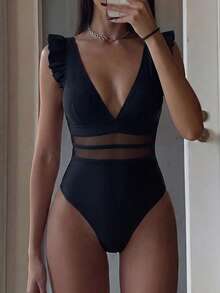 HaiiMeid Women's Solid Color Contrast Mesh V-Neck One-Piece Swimsuit, Suitable For Summer Beach Vacation Black - Black - View 6