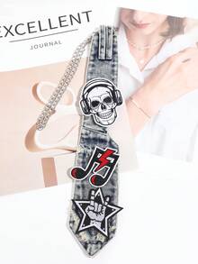 1pc Washed Distressed Denim Skull & Music Note Embroidered Chain Design Women Street Punk Shirt Decorative Tie - Multicolor - View 8