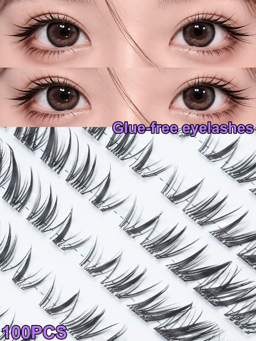 100pcs Self-Adhesive False Eyelash Clusters, Glue-Free False Eyelashes, Transparent Stem Design, Fox-Style False Eyelashes, Lightweight, Suitable For DIY Single Eyelash, Create Big Eye Makeup, Suitable For Dates, Parties And Cosplay - C - View 1
