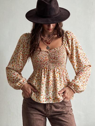 Rusttydustty Autumn/Winter Apricot Vintage Bohemian Floral Long Sleeve Blouse, Sweet & Elegant Top, Suitable For Autumn, Halloween, Autumn/Winter Fashion, Vintage Streetwear, New Year Outfit