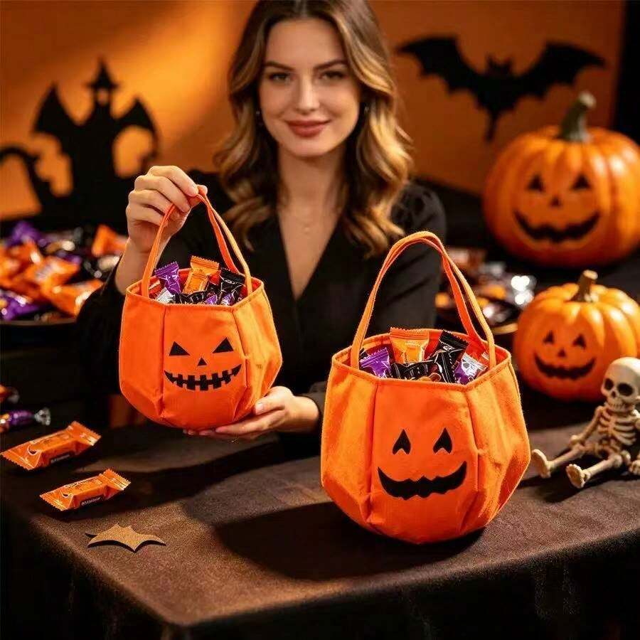 Halloween Supplies Trick Or Treat Candy Bag Large Capacity Pumpkin Shaped Non-Woven Fabric Double Handle 3D Handheld Candy Bag