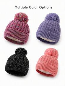 1pc Single Ball Vertical Striped Knitted Beanie Hat With Yarn Crafting Thermal Lining Children Warm Hat - Multicolor - View 5