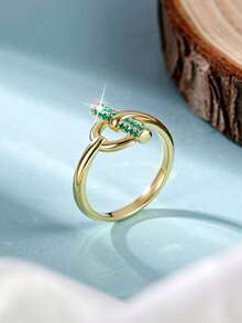 1pc Creative Fashion Lock Ring With Green Synthetic Cubic Zirconia, Suitable For Vacation, Travel, Daily Commute And Outfit - Yellow Gold - View 3