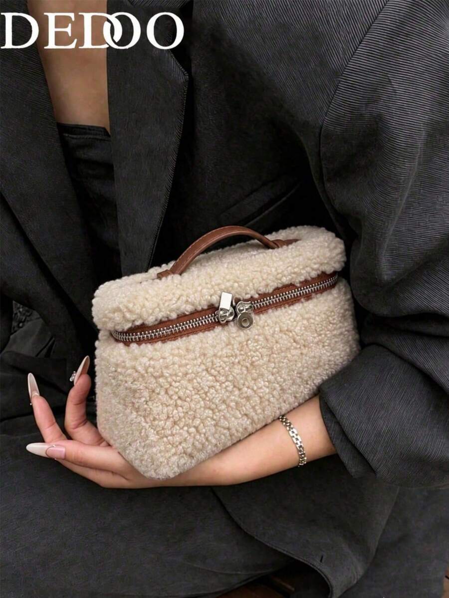 Dedoo Fleece Patchwork PU Small Grid Crossbody Bag, Metal Zipper Adjustable Shoulder Strap, Vintage Winter Women's Commuter Travel Bag