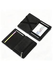 Minimalist Men's Card Holder Wallet With Zipper Coin Pocket, Ultra-Thin Magic Wallet, PU Leather Credit Card & Bank Card Holder, Small Men's Wallet With Cash Compartment - Black - View 5