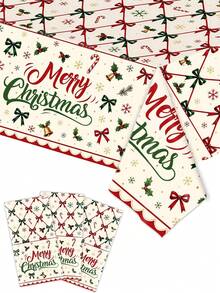 1Pc/3Pcs Christmas Plastic Tablecloth Rectangular, Merry Christmas Holiday Dining Decor, 54x108 Inch Classic Red & Cream Palette, Bow, Bell, Snowflake Vintage Pattern Winter Table Cloth, Xmas Party Decorations - Christmas Bow - View 8