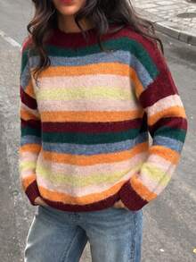 Just Masa Women's Fall Casual Multi-Striped Colorblock Sweater Pullover,Loose Long Sleeve Round Neck Rib-Knit Top,For Daily Wear,Going Out,Halloween - Colorful Stripes - View 6
