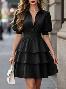 DONICY Women's Elegant Black Shirt Dress, Puff Sleeves With Layered Ruffles, French Style Suitable For Dating And Work - Black - View 4