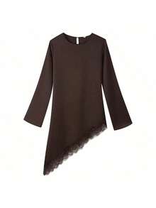 Women's Solid Color Long Sleeve Casual Top, Elegant Lace Patchwork Asymmetrical Hem Pullover, Versatile Commute All-Match Streetwear - Brown - View 10