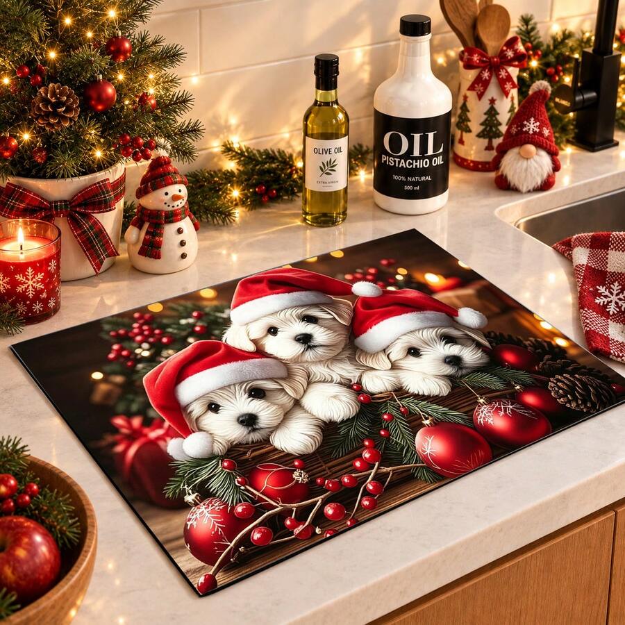 1pc Christmas Themed Printed Pattern Dish Drying Mat, Kitchen Countertop Bowl & Plate Rubber Bottom Drying Pad, Party Decoration, Super Absorbent Hidden Stain Dish Drying Mat, Soft Diatomaceous Earth With Rubber Backing Multi-Functional Kitchen Home Mat, Quick Dry Mat For Coffee Machine & Dish Rack, Kitchen Countertop Coffee Mat & Dish Drying Pad - LL LSD022 - View 1