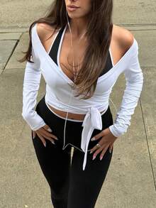 XLLAIS Ribbed Contrast Trim Halter Sports Backless Top & Capri Leggings Workout 2 Pieces Set, Women Activewear Outfit For Gym Yoga - Black - View 10