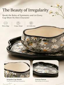 1pc Ceramic Coffee Cup With Saucer, Irregular Wavy Edge Retro Style, 3 Colors, Home Kitchen Table Decoration, Coffee Cup, Iced Coffee Cup, Hot Coffee Cup, Holiday Gift, Coffee Utensils, Tea Cup Set - Multicolor - View 4