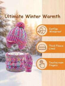 1 Set Of 5-Color Two-Tone Knit Set: Winter 2-6 Years Old Children's Double-Yarn Warm Knit Hat With Thick Fleece Lining, Suitable For Cold Winter - Multicolor - View 11