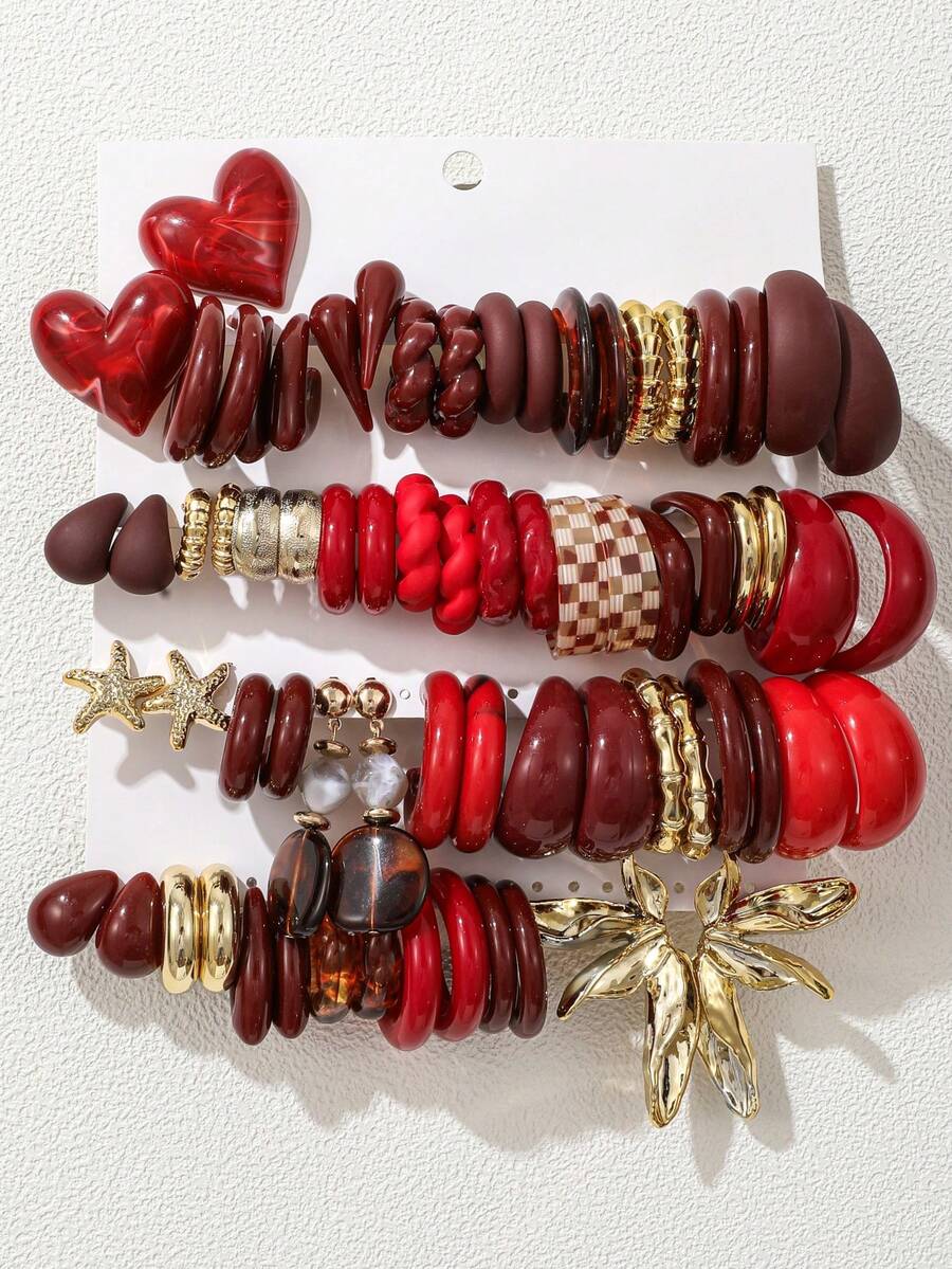 Random 1-10 Pairs Autumn/Winter Vintage Burgundy Angora Bow Heart Star Earrings Set Checkerboard Teardrop Twisted C-Hoop Earrings For Women
