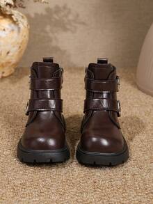 1 Pair Kids Leather Buckle Short Boots Soft PU Dual Hook & Loop + Inner Zipper Design Maillard Style Motorcycle Boots Suitable For Daily School Outdoor Autumn Winter New Arrival - Coffee Brown - View 5