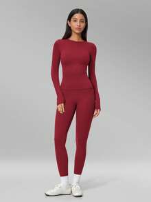 MFVIM Women's Autumn/Winter New Solid Color Long Sleeve + Long Pants 2 Pieces Yoga Sports Pilates Set - Cherry Red - View 8