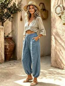 Women's 2026 Summer Bohemian Style Solid Color Pants, High Waist Elastic Drawstring Loose Oversized Casual Beach Vacation Long Pants With Pockets - Blue - View 2